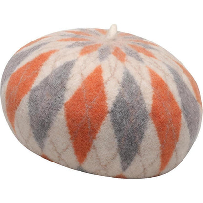 Karierte Damen Baskenmütze aus Wolle – Winter Beanie Mütze Orange
