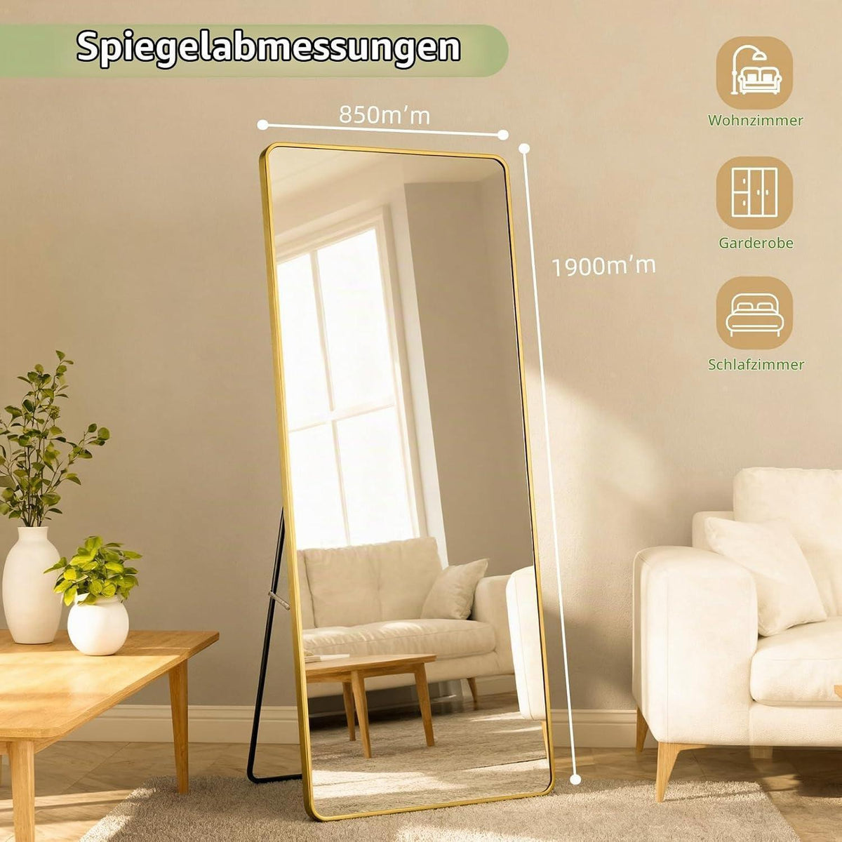 Großer Rechteckiger Standspiegel – HD-Reflexion, Gold 190x85cm