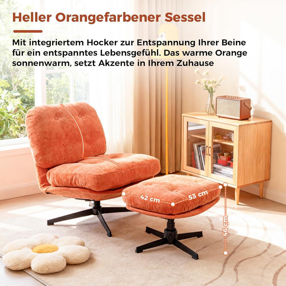 Drehbarer Relaxsessel mit Hocker & Chenille-Bezug, Orange