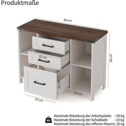 Weißer Aktenschrank mit 3 Schubladen & 4 Fächern