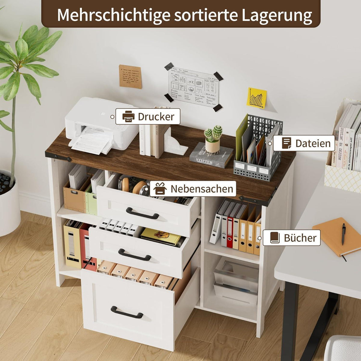 Weißer Aktenschrank mit 3 Schubladen & 4 Fächern