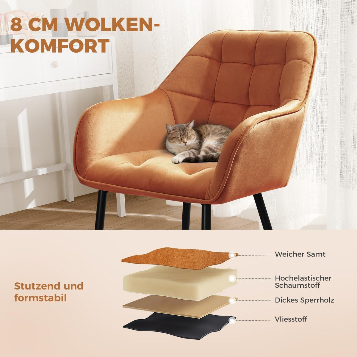 Samt Esszimmerstühle 4er Set mit Armlehnen, Orange