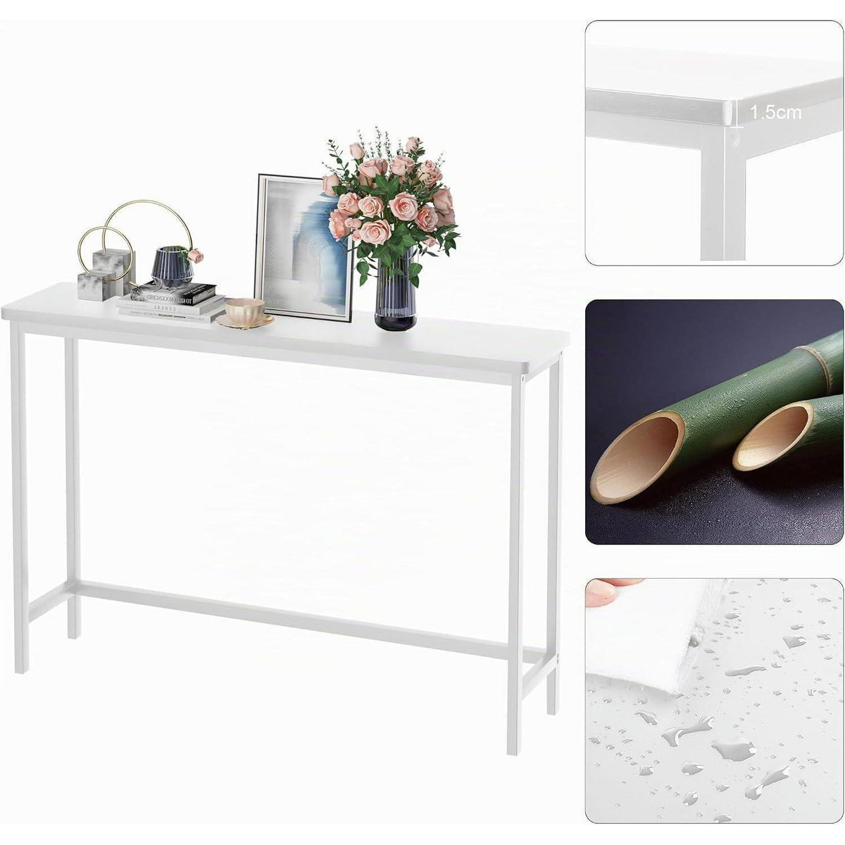 Bambus Konsolentisch Schmal 100cm – Weißer Flurtisch für Wohnzimmer