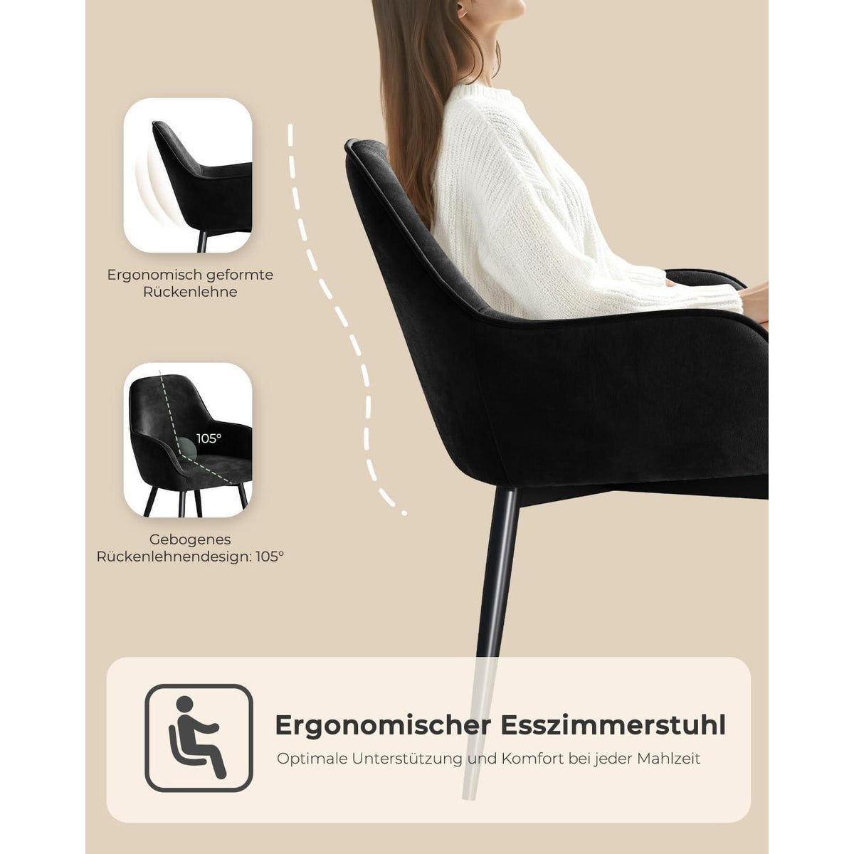 Esszimmerstuhl Set 6er – Bequemer Samt Sessel mit Armlehne Schwarz