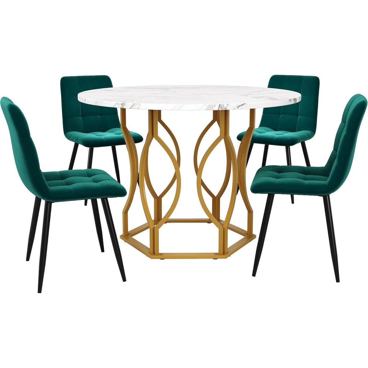 Runder Esstisch Set (5-teilig) | Grüner Samtstuhl | Modern & Elegant
