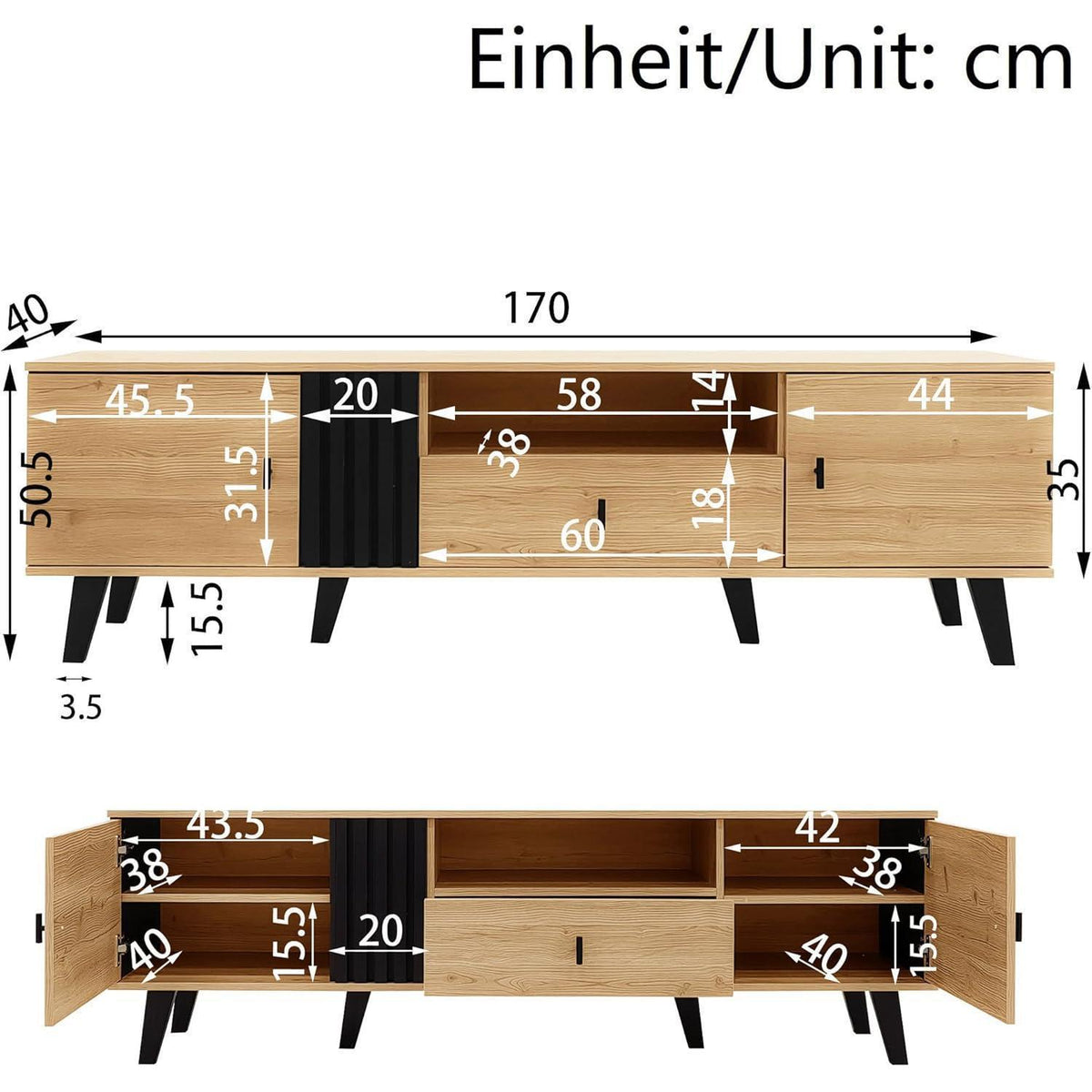 TV-Schrank 170 cm mit Schublade & Ablage – Modernes Lowboard