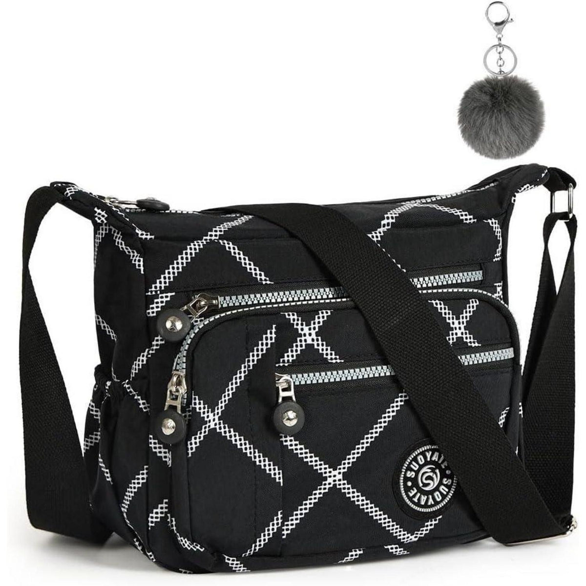 Nylon Umhängetasche Damen mit vielen Taschen, kariert