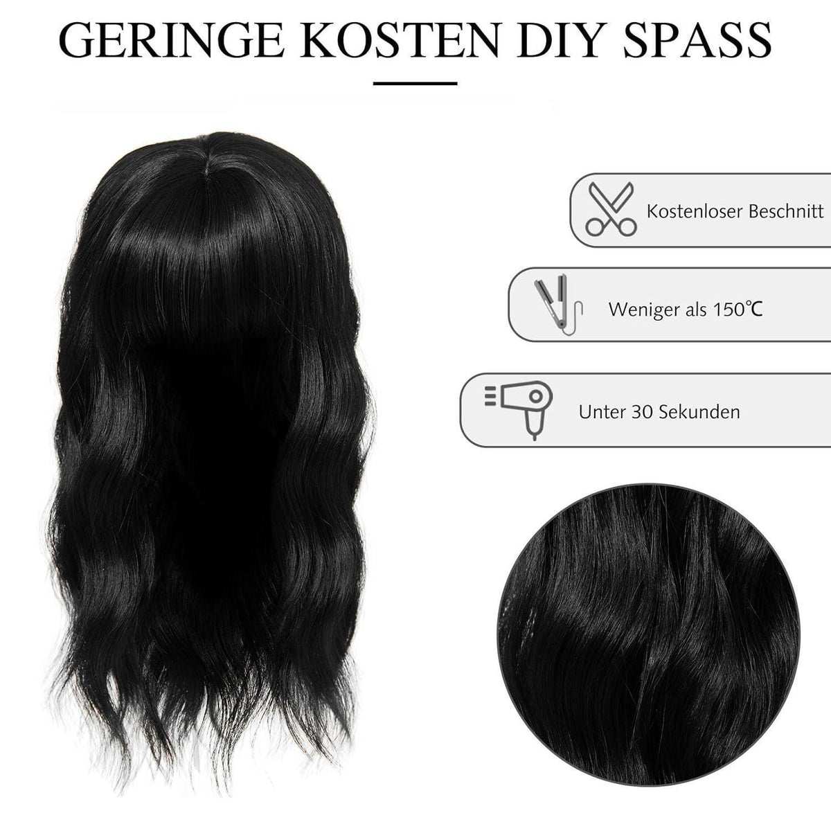 Haartopper mit Pony – 35cm Synthetik Haarteil Schwarz