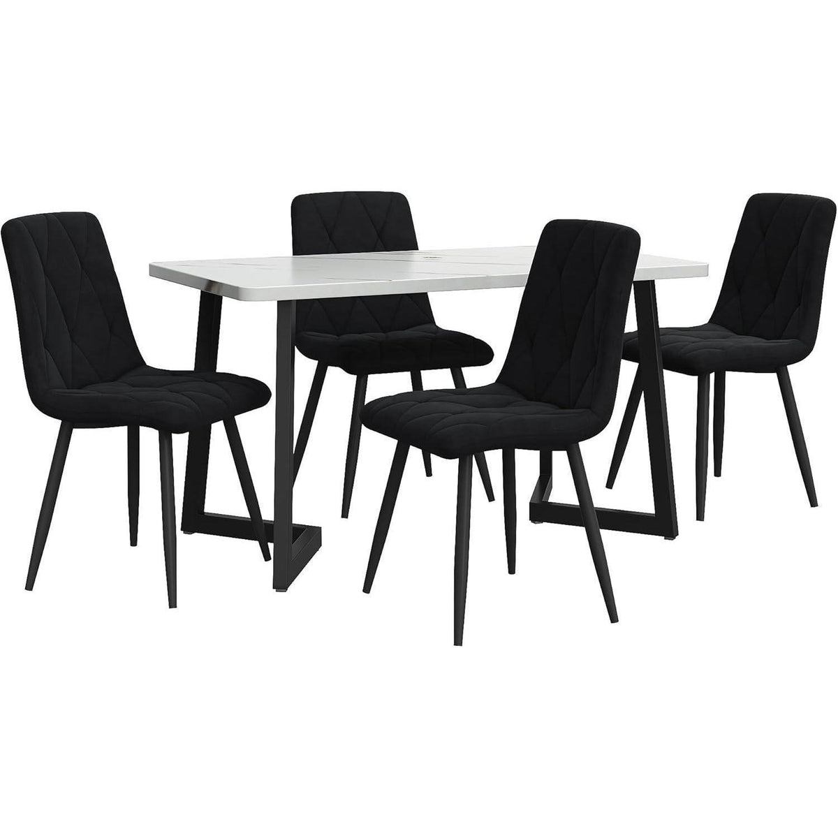 Essgruppe mit Esstisch & 4 Samtstühlen – Weiß & Schwarz