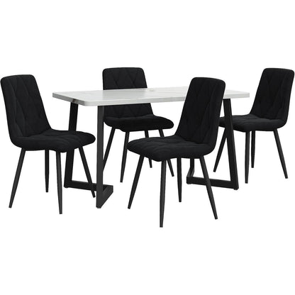 Essgruppe mit Esstisch & 4 Samtstühlen – Weiß & Schwarz