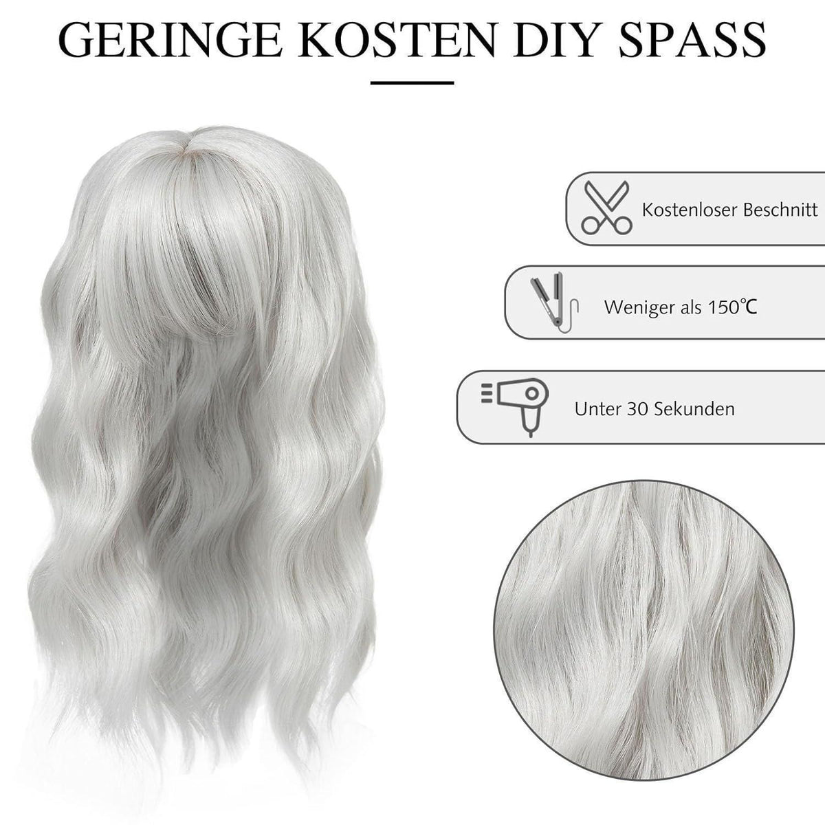Haartopper mit Pony – Silber, 35cm – für dünnes Haar