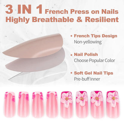 3D Blumen Press On Nails Set – Künstliche Nägel mit Zubehör