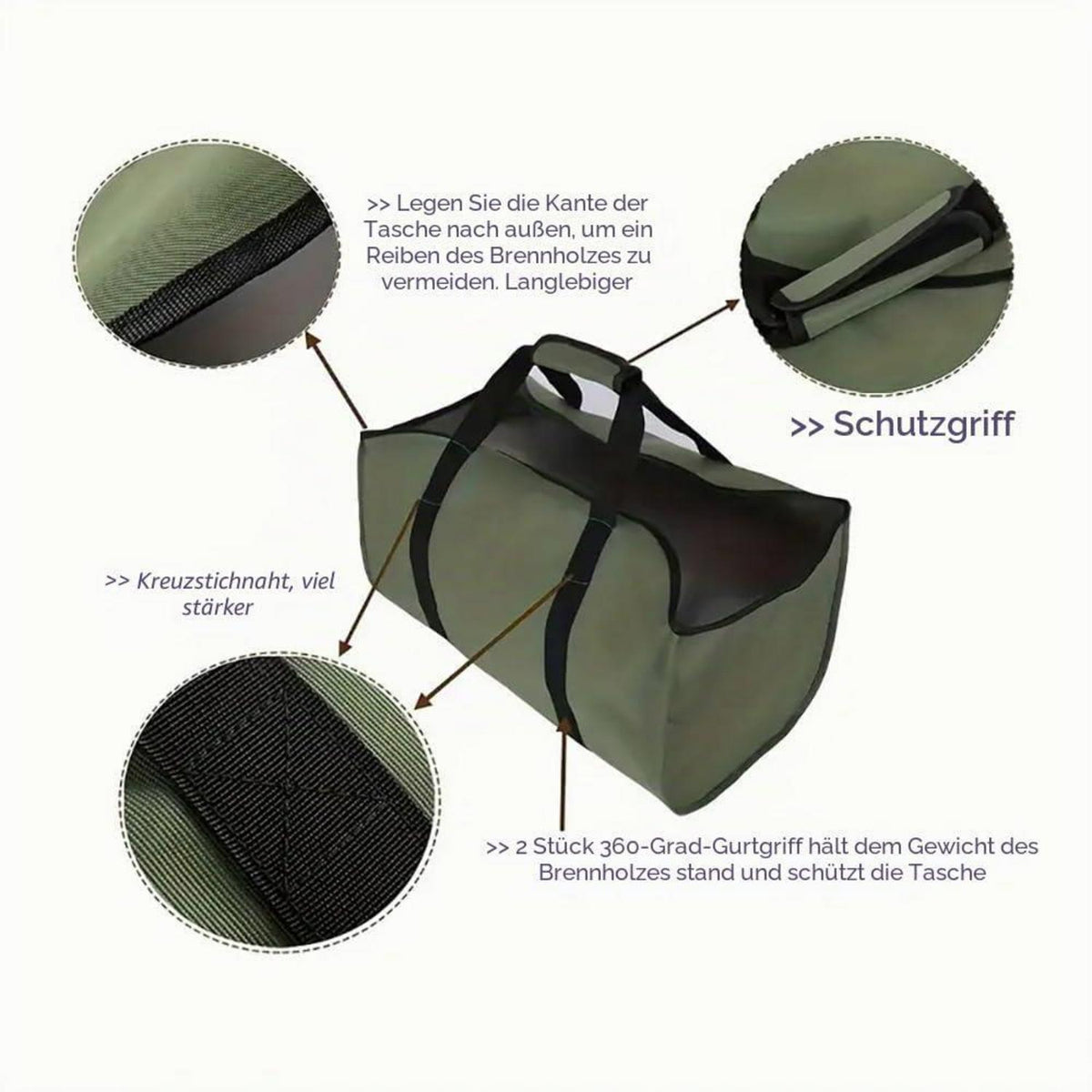 Brennholz Tragetasche groß – Reißfest & Wasserdicht Armee Grün