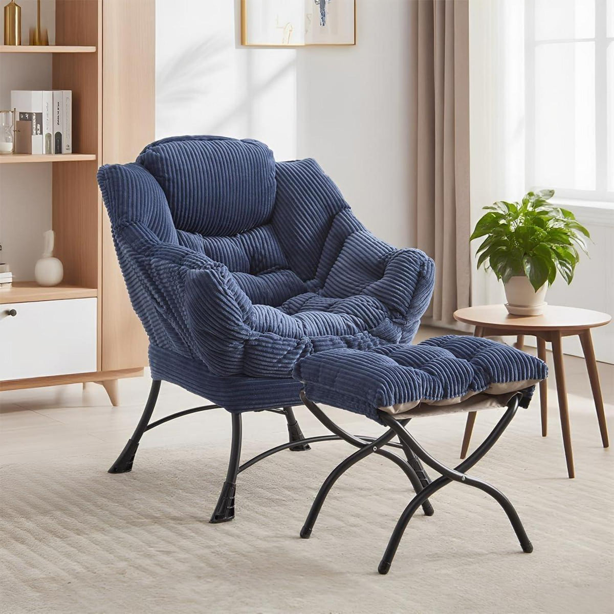 Ohrensessel mit Hocker | Navy Blau Cord Loungestuhl mit Ottoman