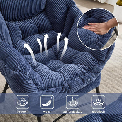 Ohrensessel mit Hocker | Navy Blau Cord Loungestuhl mit Ottoman