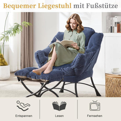 Ohrensessel mit Hocker | Navy Blau Cord Loungestuhl mit Ottoman