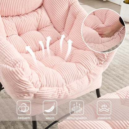 Ohrensessel mit Hocker – Cord Rosa, Bequemer Loungesessel