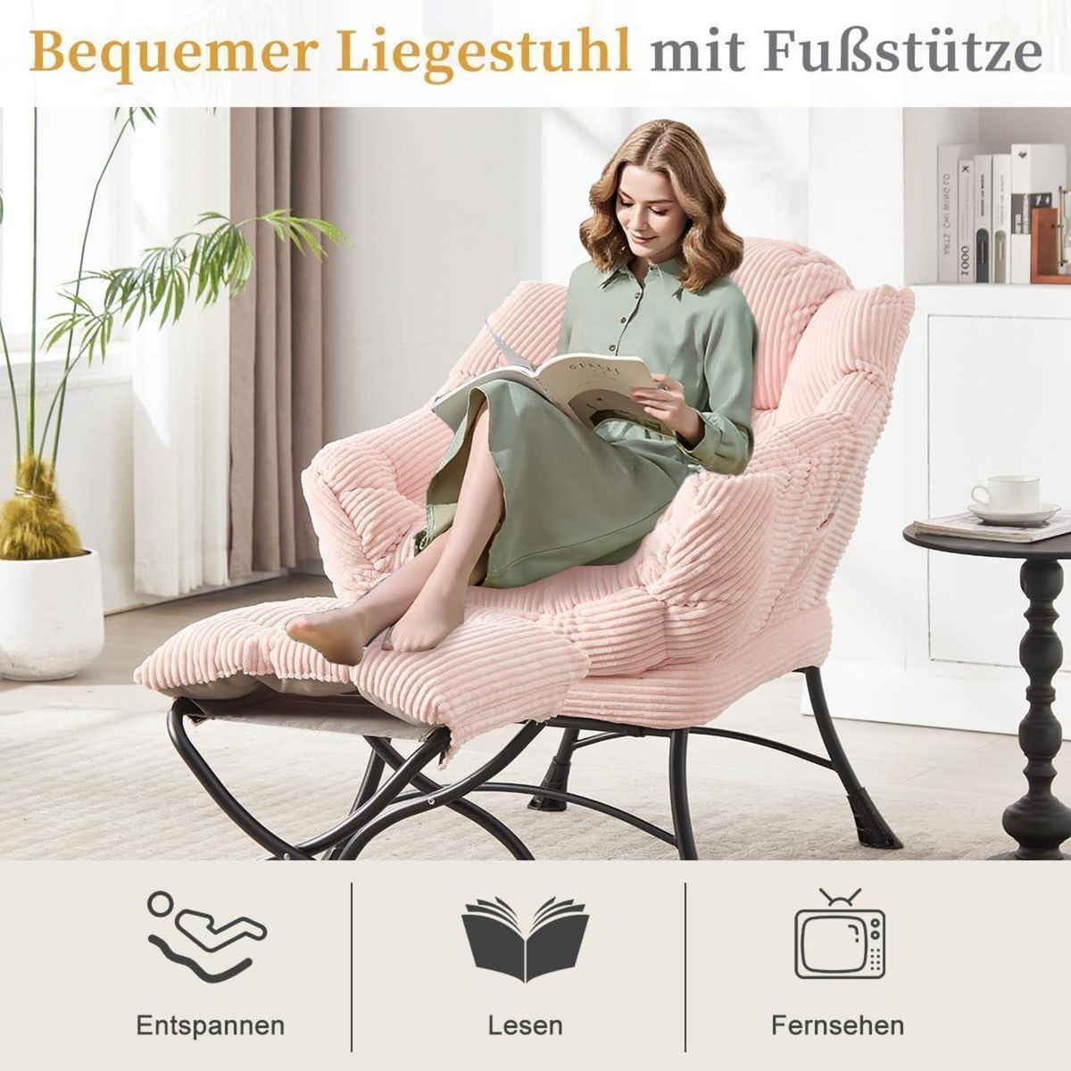 Ohrensessel mit Hocker – Cord Rosa, Bequemer Loungesessel