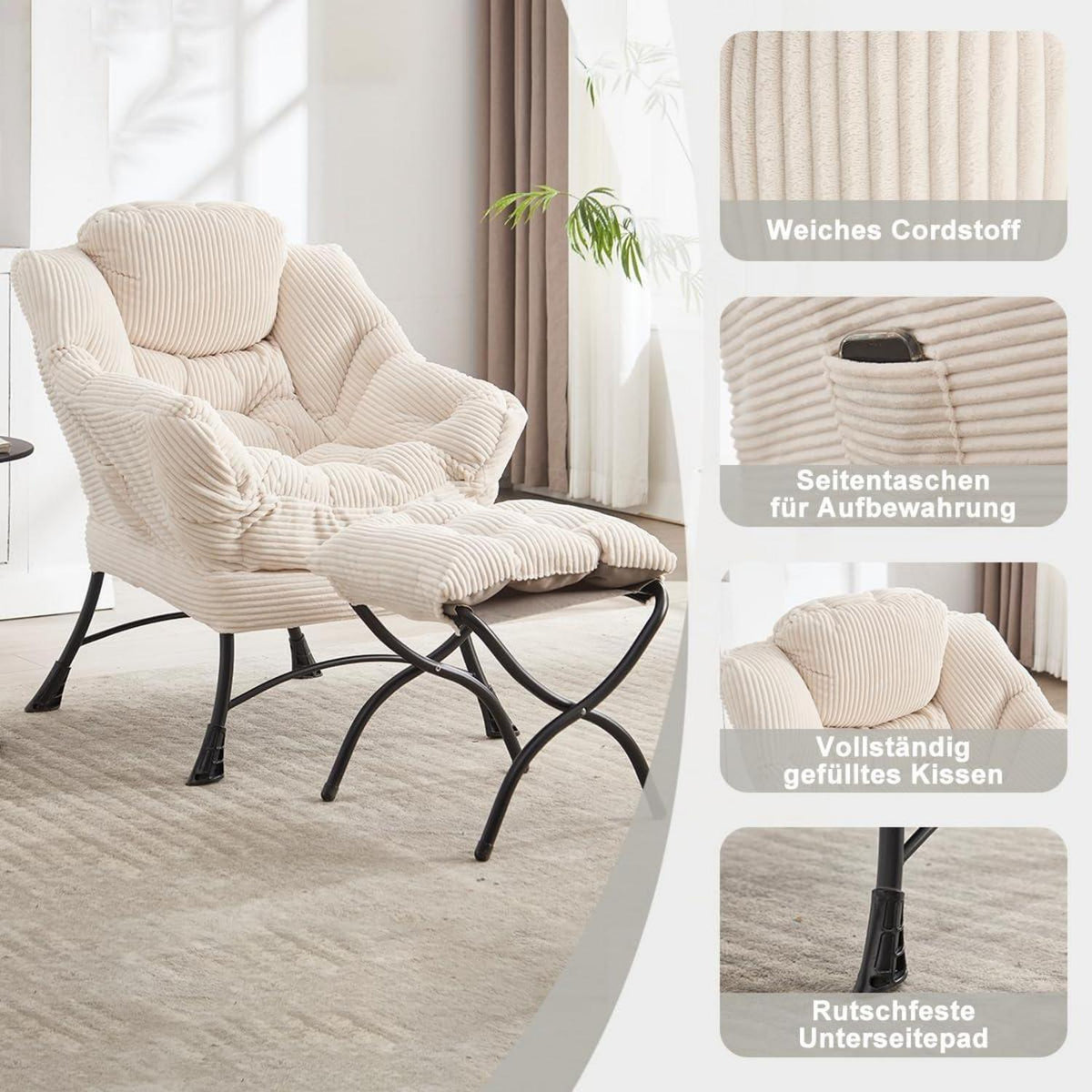 Moderner Ohrensessel mit Hocker | Cord Weiß | Bequemer Loungesessel