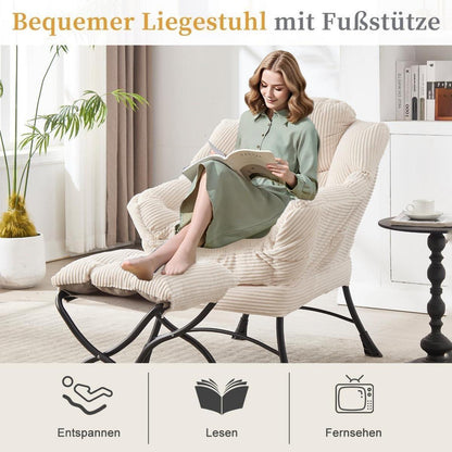Moderner Ohrensessel mit Hocker | Cord Weiß | Bequemer Loungesessel
