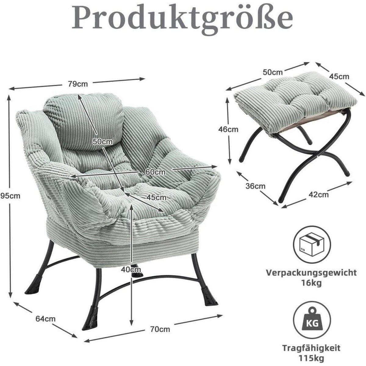Moderner Ohrensessel mit Hocker – Cord Lounge Sessel Hellgrau/Grün