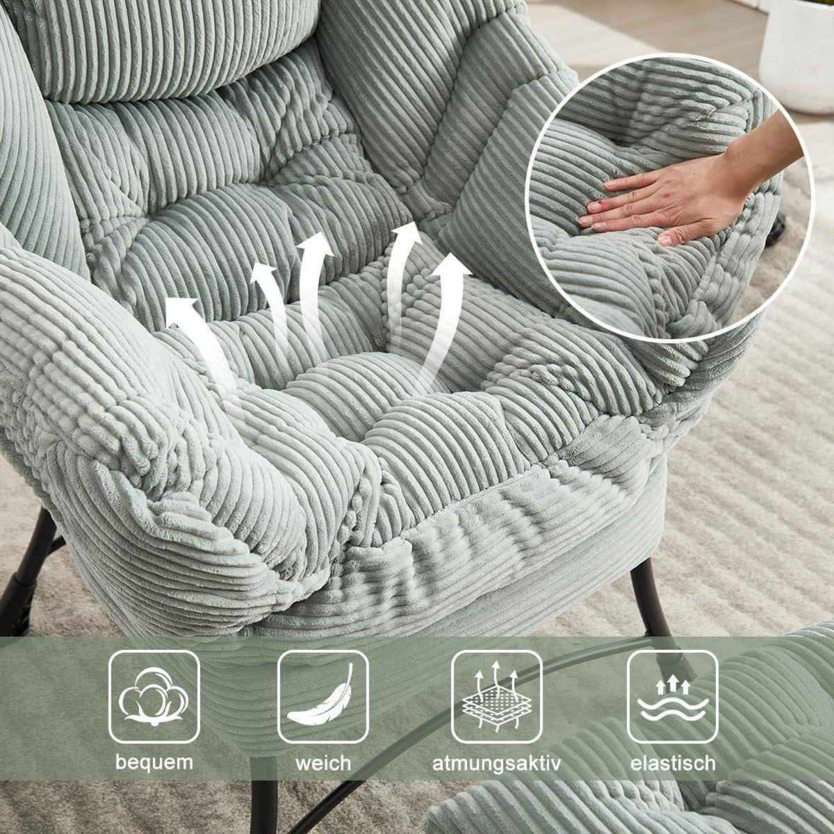 Moderner Ohrensessel mit Hocker – Cord Lounge Sessel Hellgrau/Grün