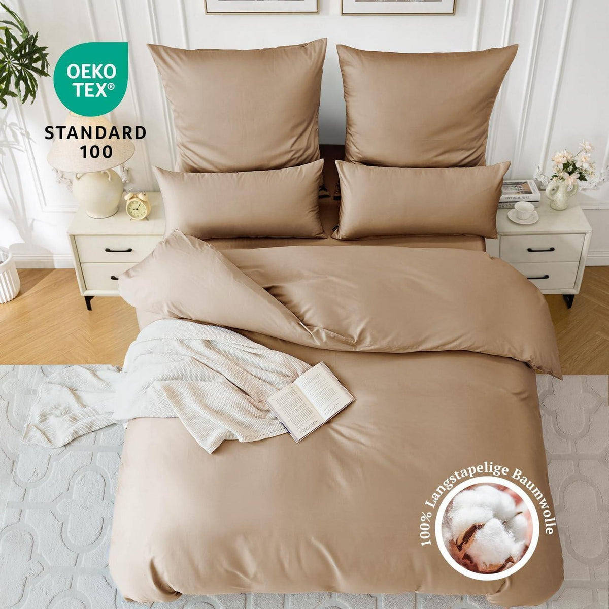 Satin Bettwäsche Set 135x200 Baumwolle 4tlg. Hellgoldbraun