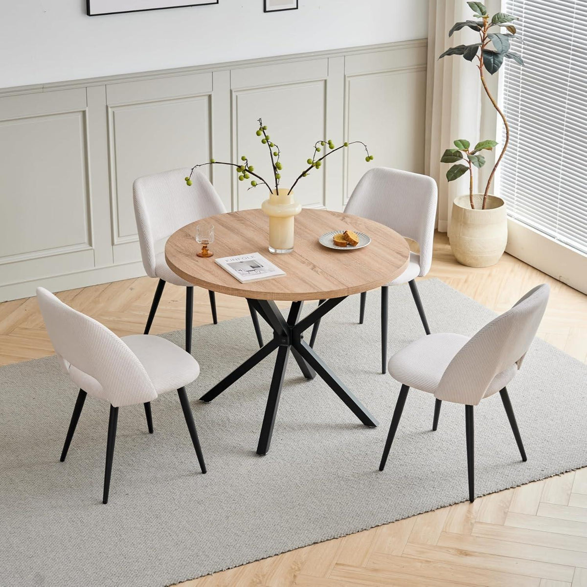 Runder Esstisch Set mit 4 Cord-Stühlen – Modern & Komfortabel