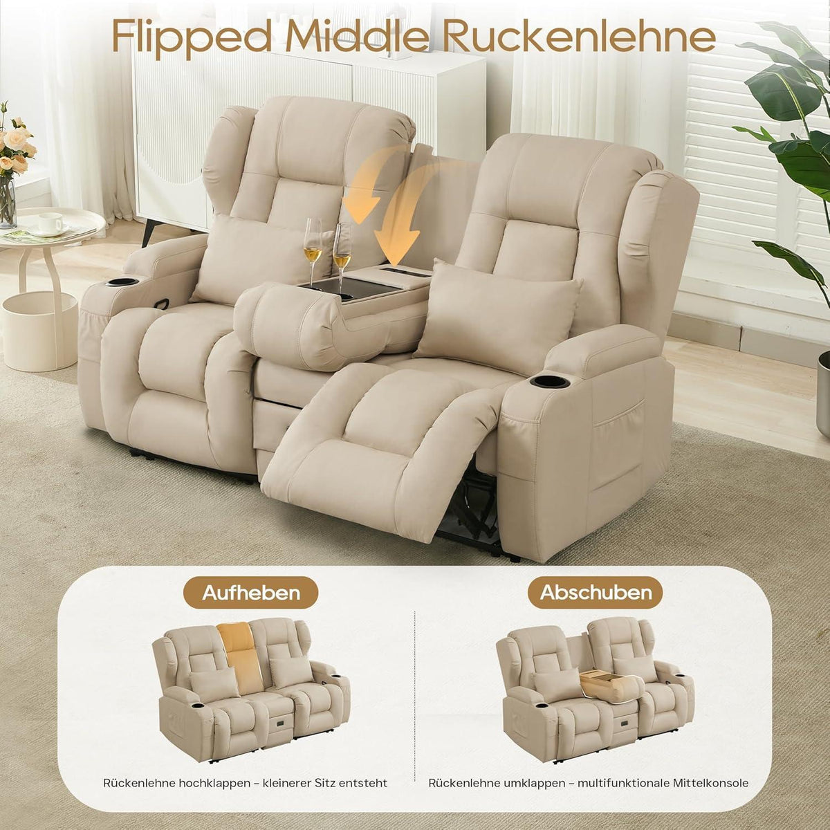 2er Relaxsessel mit Liegefunktion & Konsole – Beige