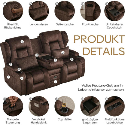 2er Relaxsessel mit Liegefunktion & Konsole, Braun