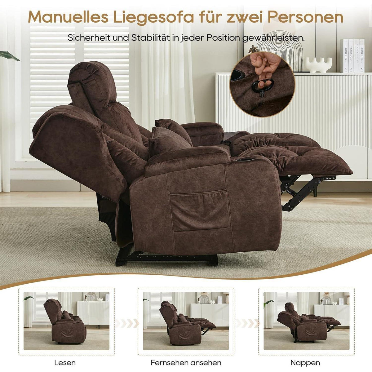 2er Relaxsessel mit Liegefunktion & Konsole, Braun
