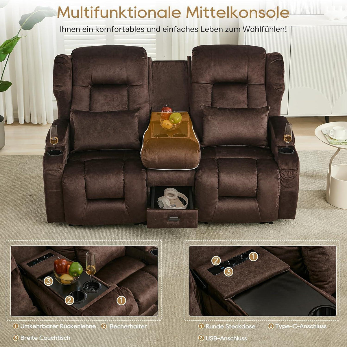2er Relaxsessel mit Liegefunktion & Konsole, Braun