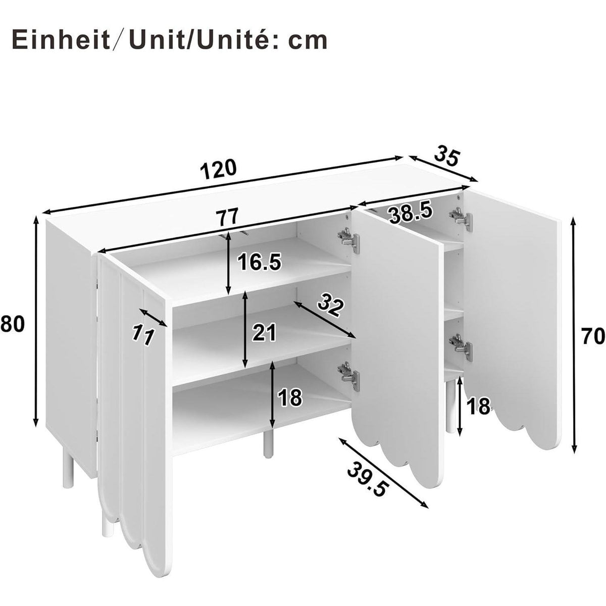 Weißes Sideboard mit Wellentüren & Rebound-Mechanismus (120x35x80)
