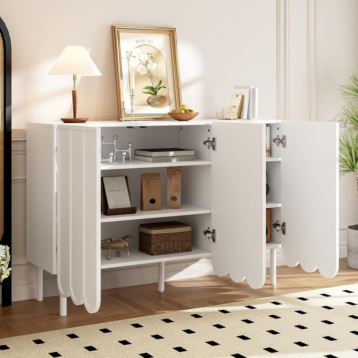 Weißes Sideboard mit Wellentüren & Rebound-Mechanismus (120x35x80)