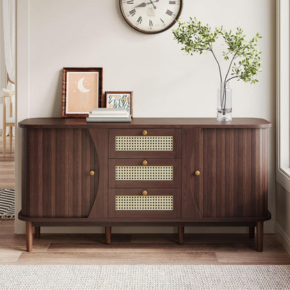 Vintage Kommode Braun 140cm – Sideboard Holz Rattan mit Schubladen