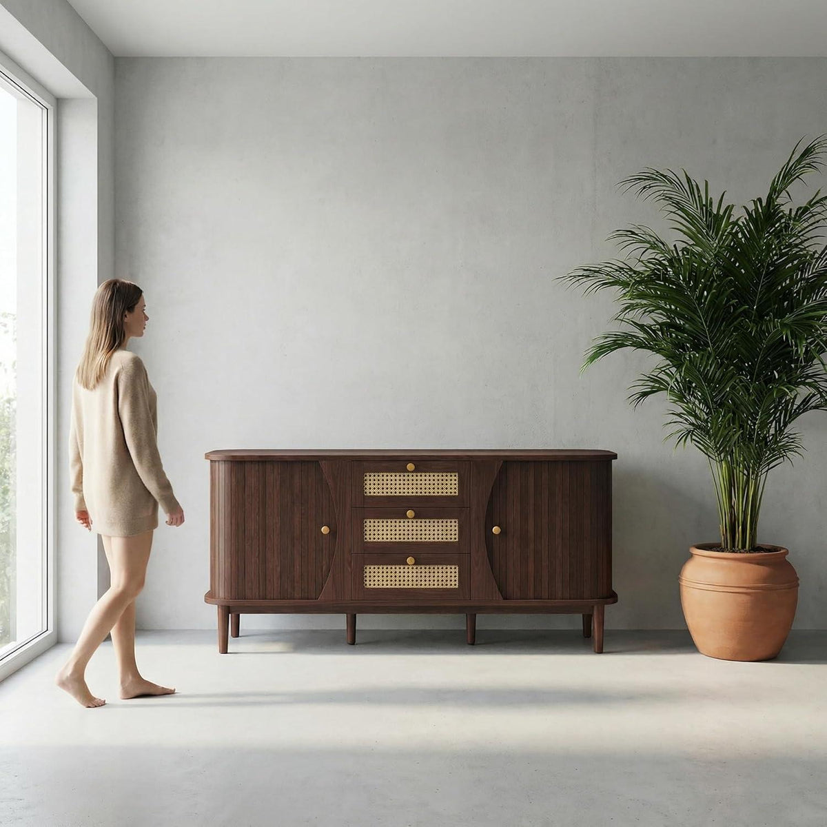 Vintage Kommode Braun 140cm – Sideboard Holz Rattan mit Schubladen