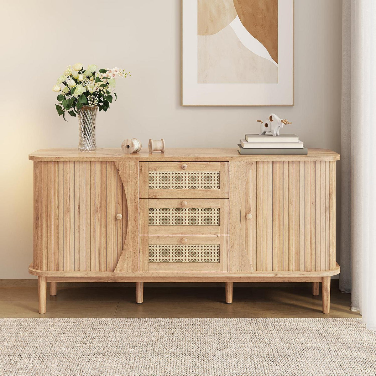 Schmale Kommode mit Rattan Schubladen & Türen – Multifunktions Sideboard