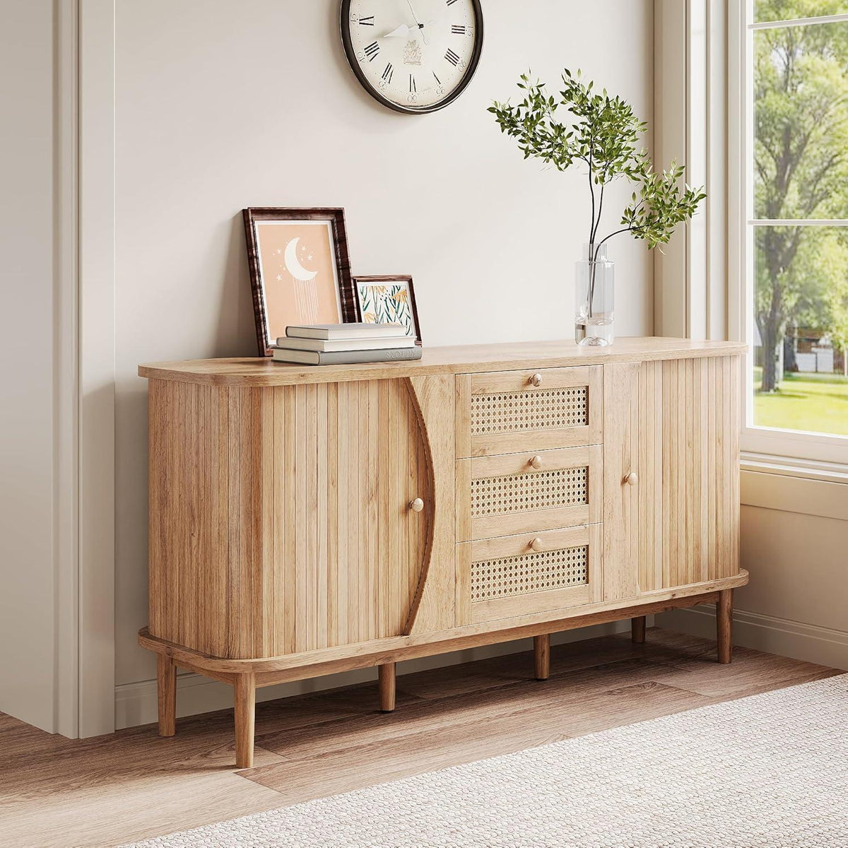 Schmale Kommode mit Rattan Schubladen & Türen – Multifunktions Sideboard