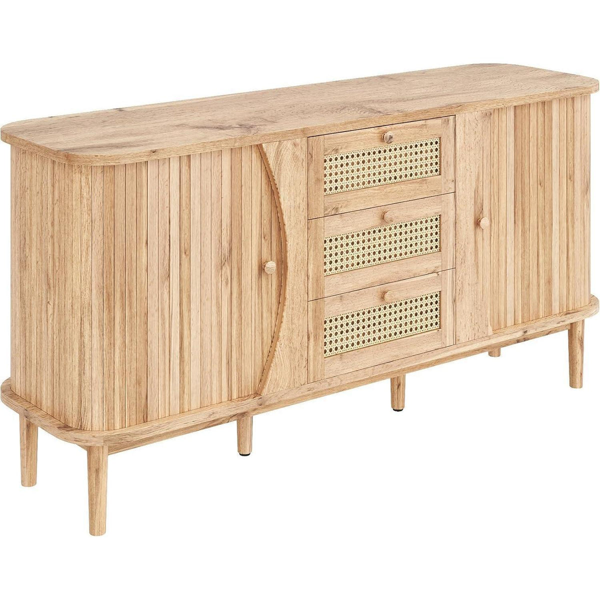 Schmale Kommode mit Rattan Schubladen & Türen – Multifunktions Sideboard