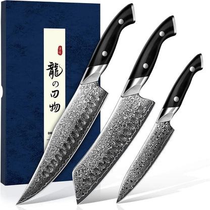 3-teiliges Damastmesser-Set | Japanische Küchenmesser für Profi & Hobby