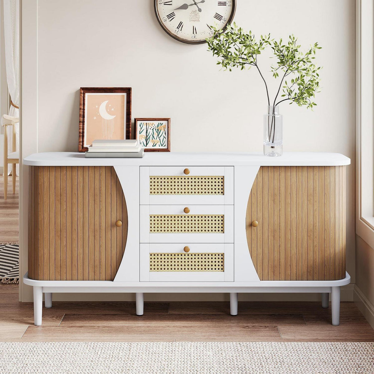 Schmale Kommode mit Rattan Schubladen – Multifunktions Sideboard