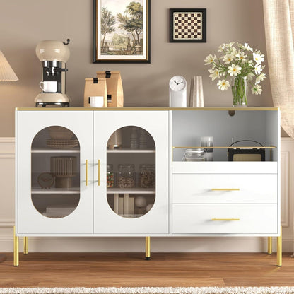 Modernes Sideboard Weiß & Gold mit 2 Schubladen & Glastüren