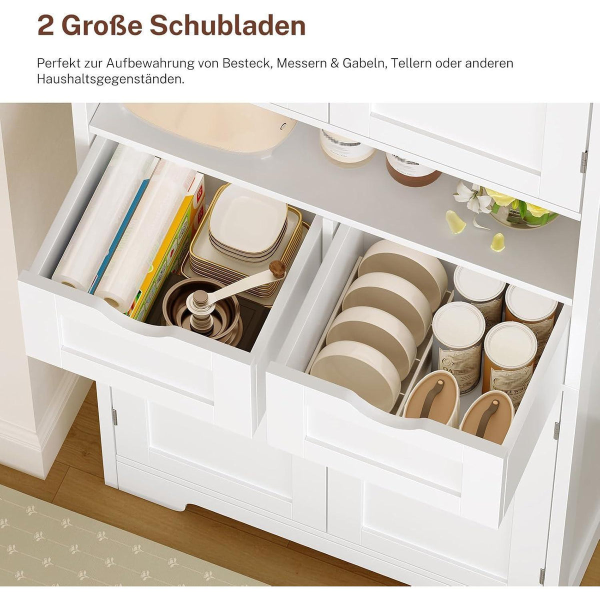 Hochschrank Küchenschrank 4-türig mit Schubladen & Regalböden Weiß