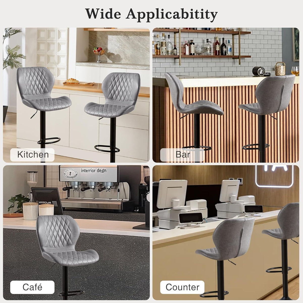 Barhocker mit Lehne, Höhenverstellbar, Grau, 3er Set
