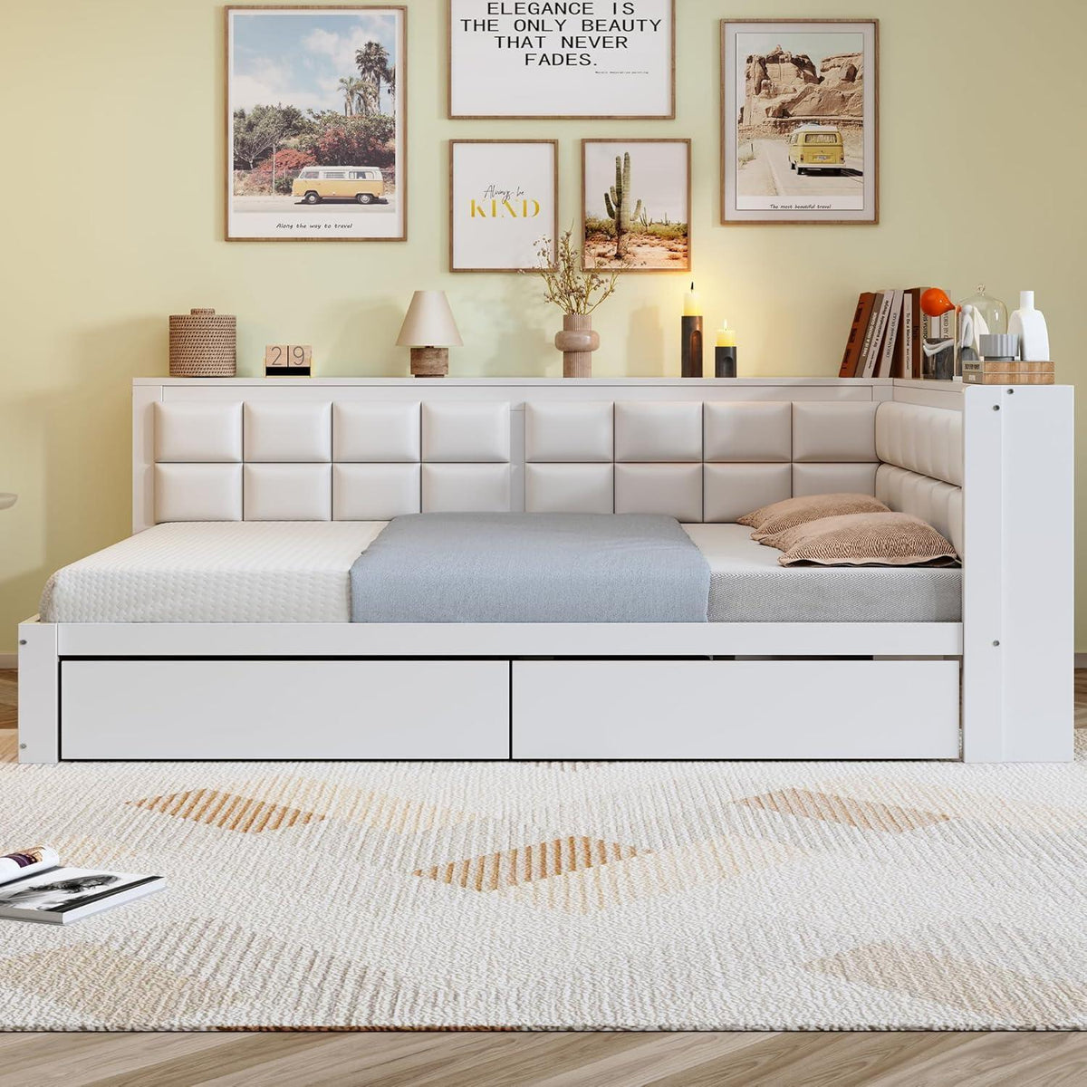 Holzbett 140x200 mit Stauraum & weicher Rückenlehne – Weiß