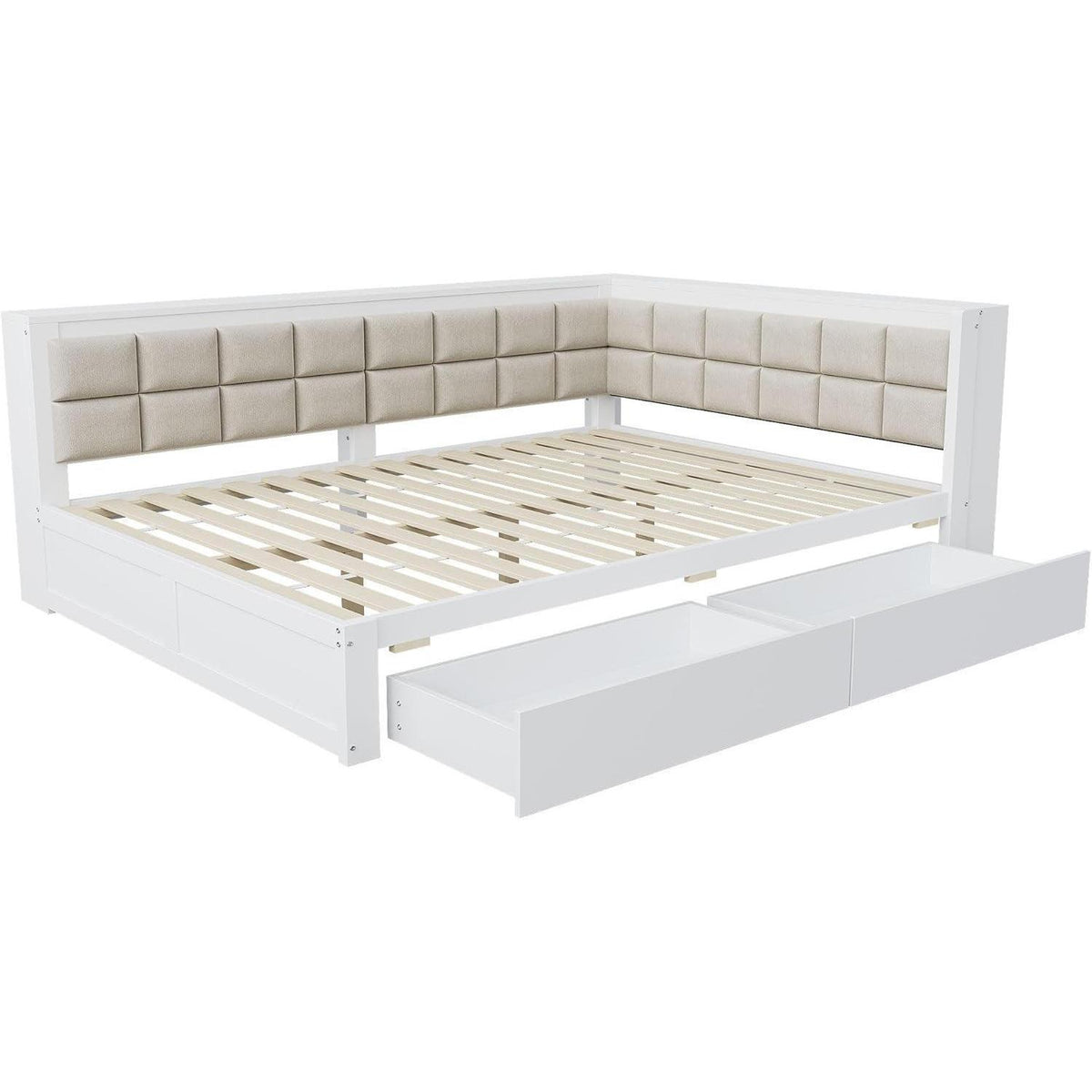 Holzbett 140x200 mit Stauraum & weicher Rückenlehne – Weiß