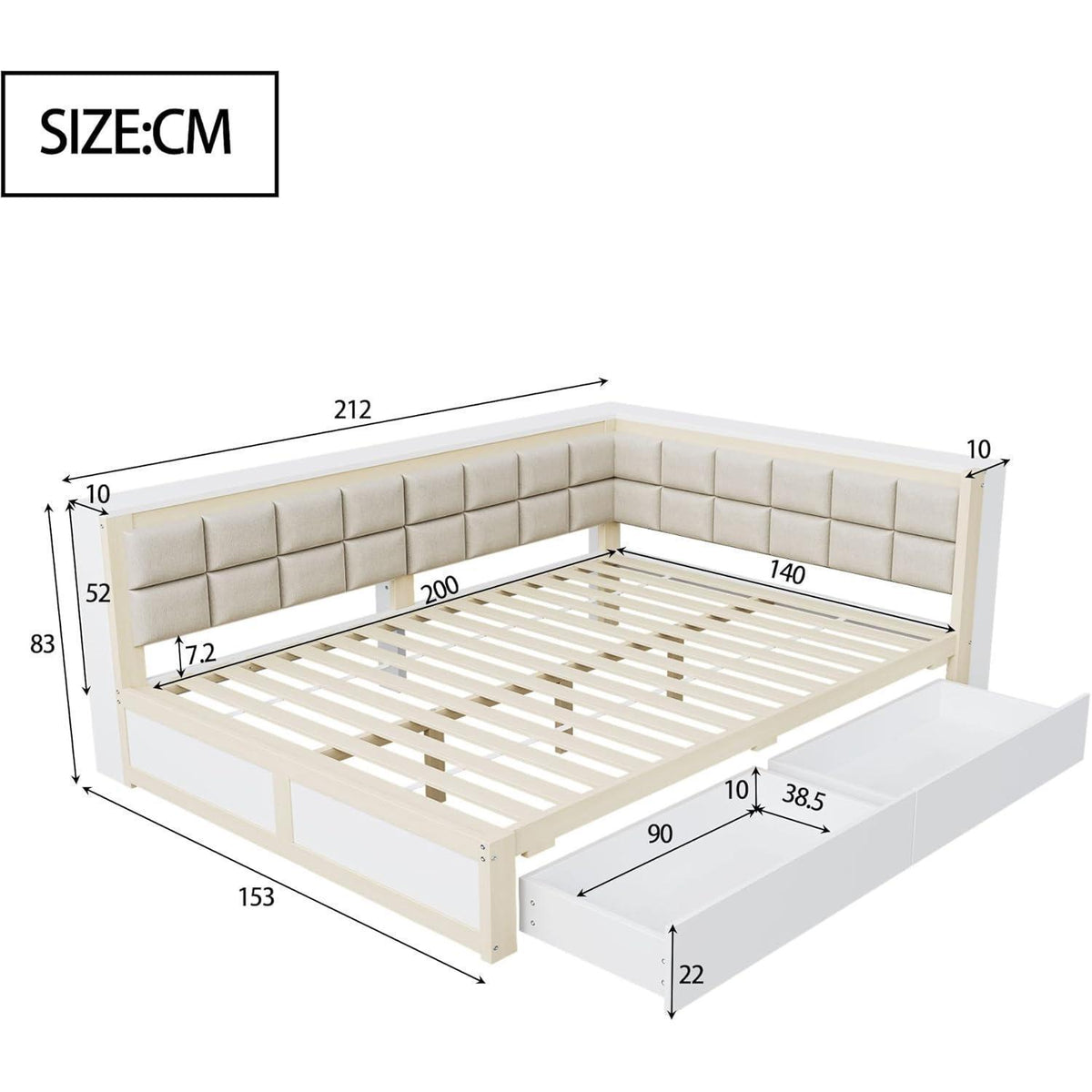Holzbett 140x200 mit Stauraum & weicher Rückenlehne