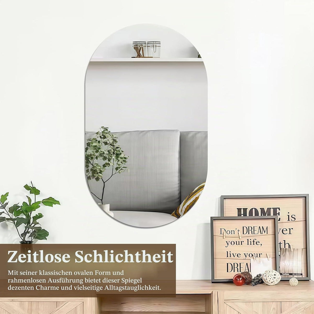TSKDKIT Klebespiegel Oval 50x35cm – Rahmenloser Wandspiegel