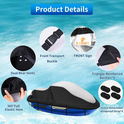 Jet Ski Abdeckplane 900D Wasserdicht 3XL Silber-Schwarz