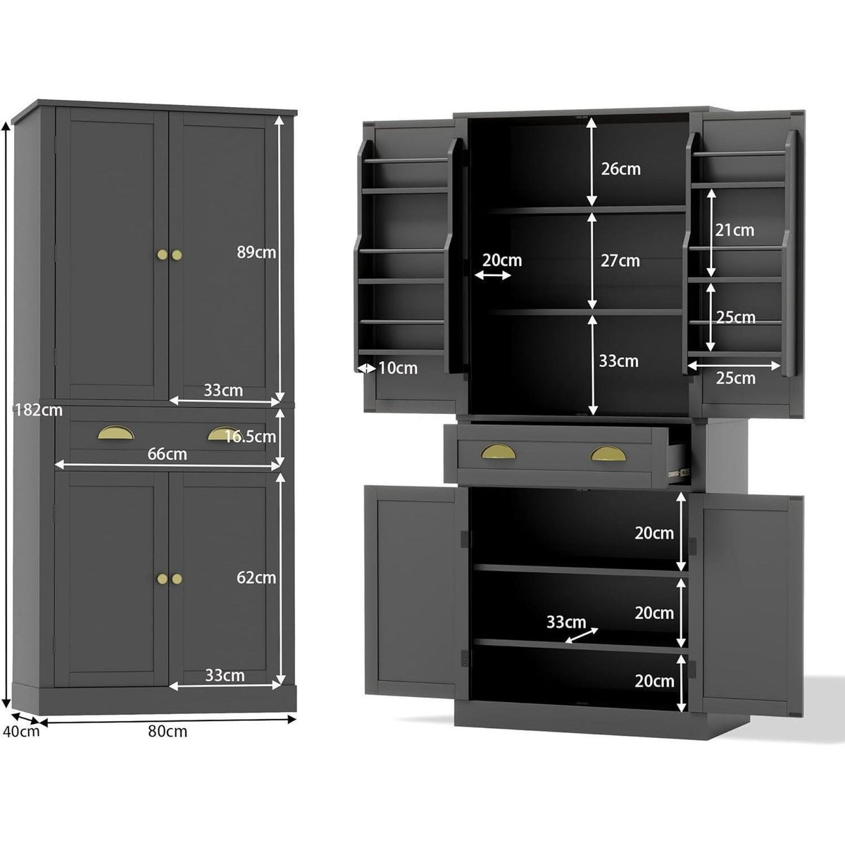 Küchenschrank Schwarz 80x40x182cm | Hochschrank mit Schublade & Ablagen